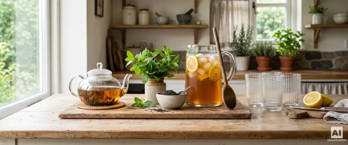 Verschillende soorten losse thee in kleine schaaltjes naast een glas ijsthee.