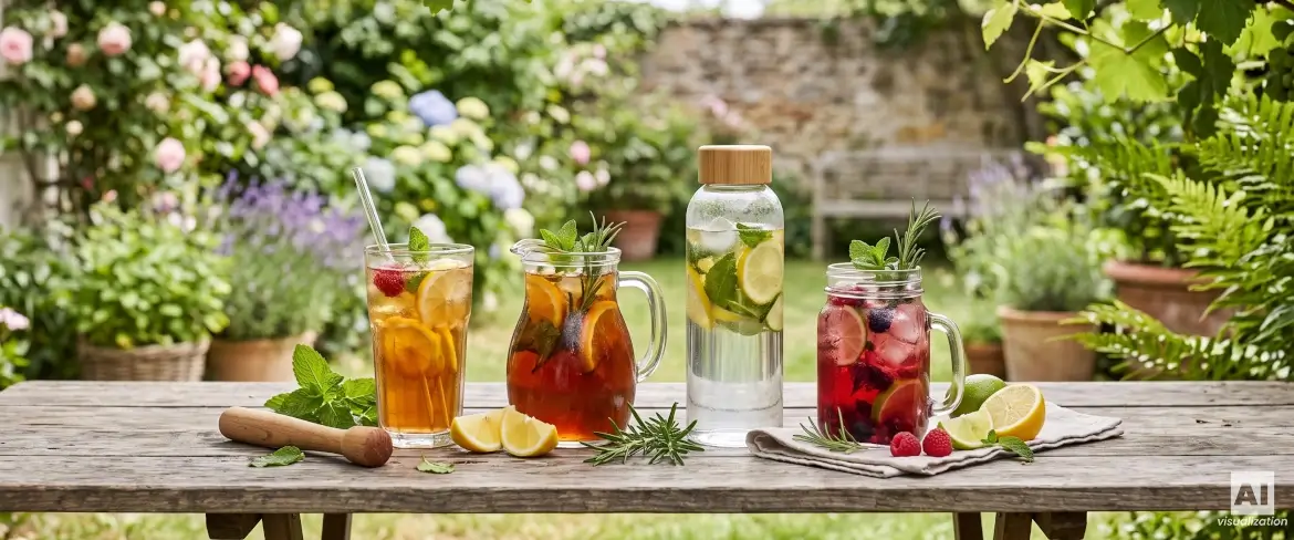 Diverse koude dranken in glazen, kannen, potten en een fles met fruit en kruiden.