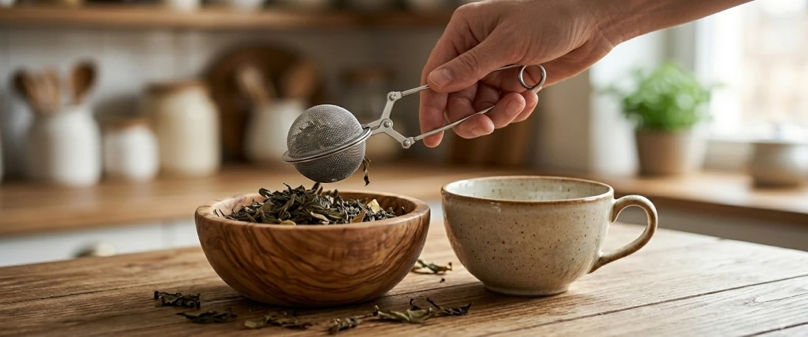 Een stalen thee-ei in de vorm van een tang, waarmee losse theeblaadjes uit een houten schaal worden geschept