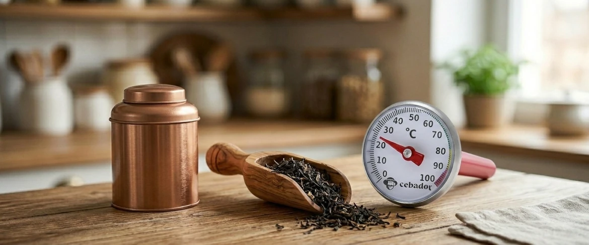 Onmisbare theeaccessoires: een metalen theeblik, een houten theelepel vol losse theeblaadjes en een theethermometer