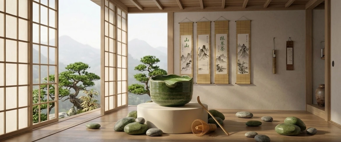 Matcha-kom en -klopper in een traditioneel interieur geïnspireerd op chanoyu