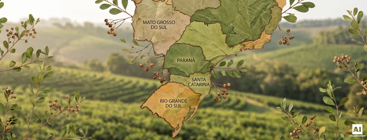 Kaart van de teeltgebieden van Braziliaanse yerba mate tegen een achtergrond van plantages en yerba mate-bladeren.