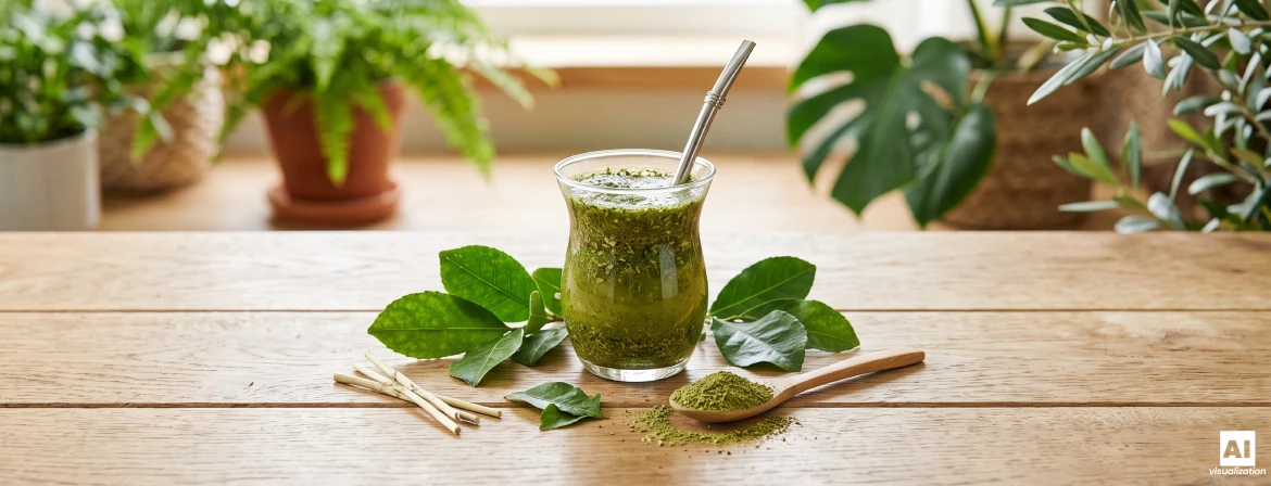 Glazen schaal met Braziliaanse groene yerba mate, yerba mate-bladeren en een groen gedroogd blad op een lepel.