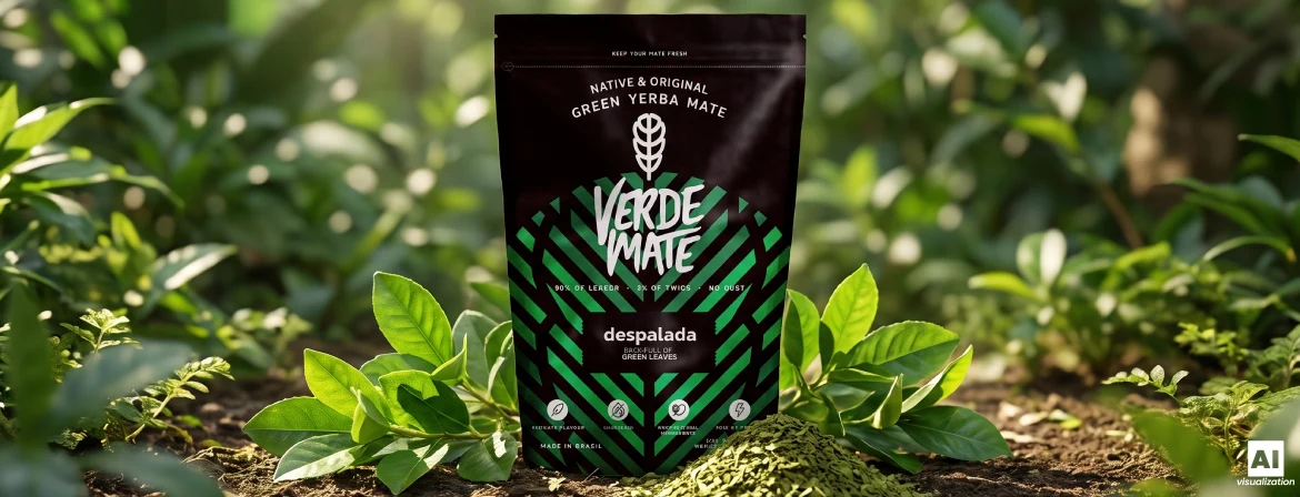 Verde Mate Green Despalada in een doypack, met een mix van verse bladeren en gedroogde groene yerba mate.