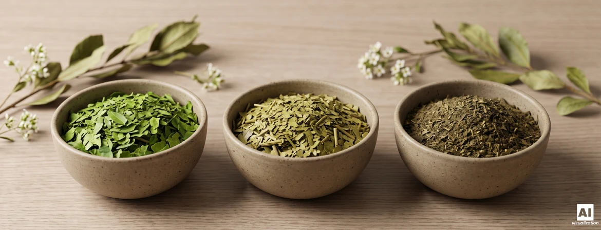 Drie schaaltjes met gedroogde yerba mate-bladeren in verschillende kleuren, met verschillende fijnheid en intensiteit.