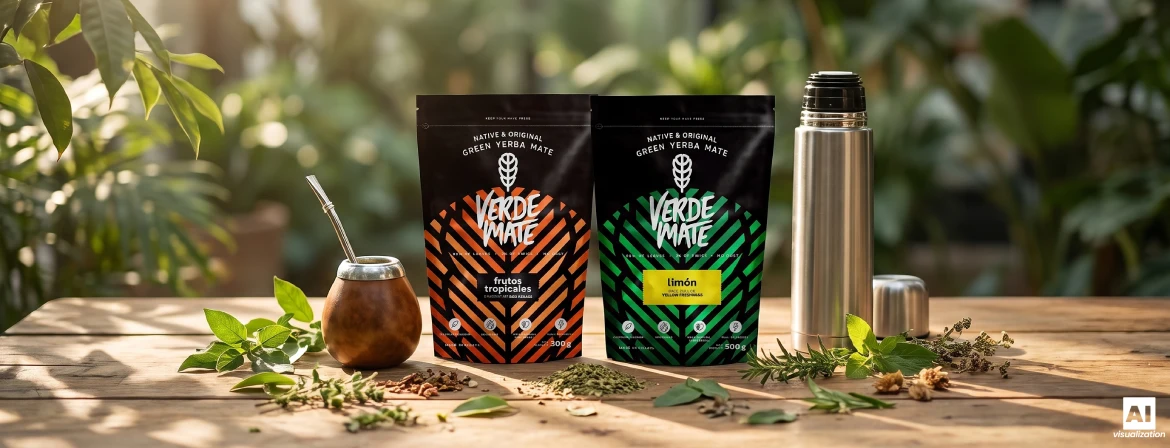 Set voor het zetten van Braziliaanse yerba mate, bestaande uit een mate-kalebas, een bombilla, een thermosfles en Verde Mate-doypacks.