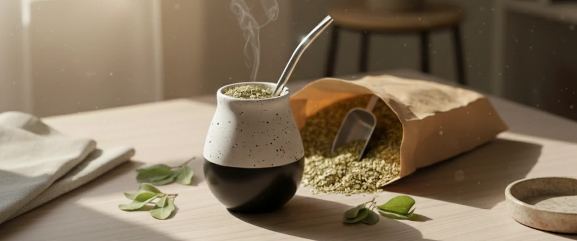 Keramische mate-kalebas met yerba mate en een bombilla – keramisch yerba mate-vat in natuurlijk licht
