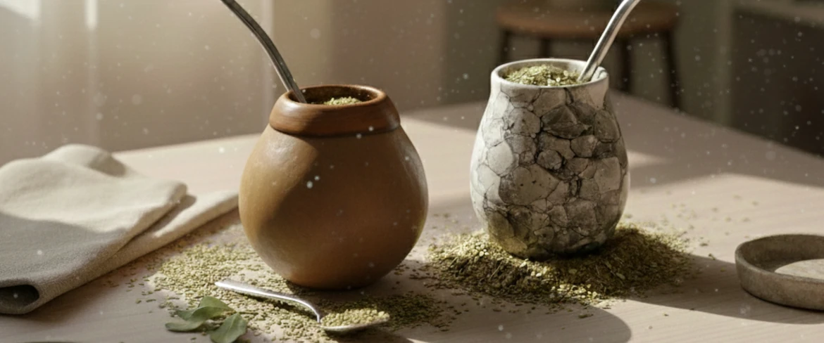 Vergelijking: natuurlijke kalebas en keramische mate-kalebas naast elkaar