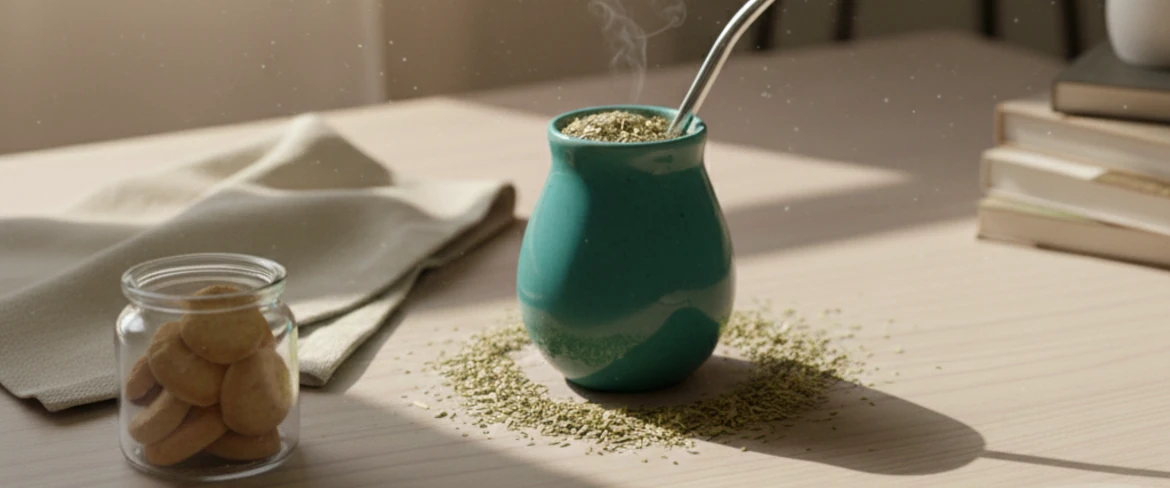Moderne keramische mate-kalebas met yerba mate en bombilla – yerba mate-vat in warm licht