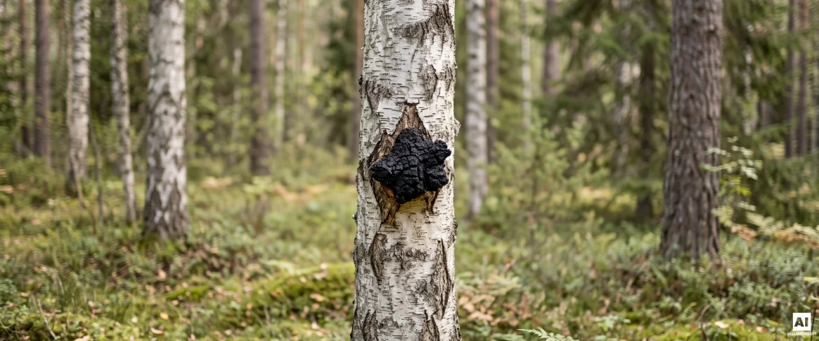 Zwarte chaga groeit op een berkenstam in een noordelijk bos.