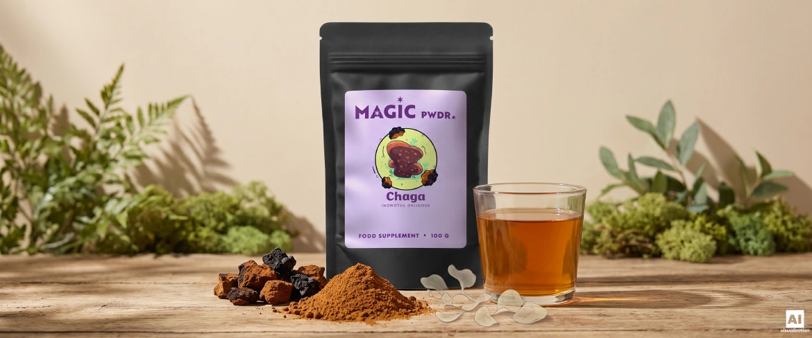 Chaga-poederextract, gedroogde stukjes paddenstoel en een aftreksel naast een Magic Pwdr-doypack.