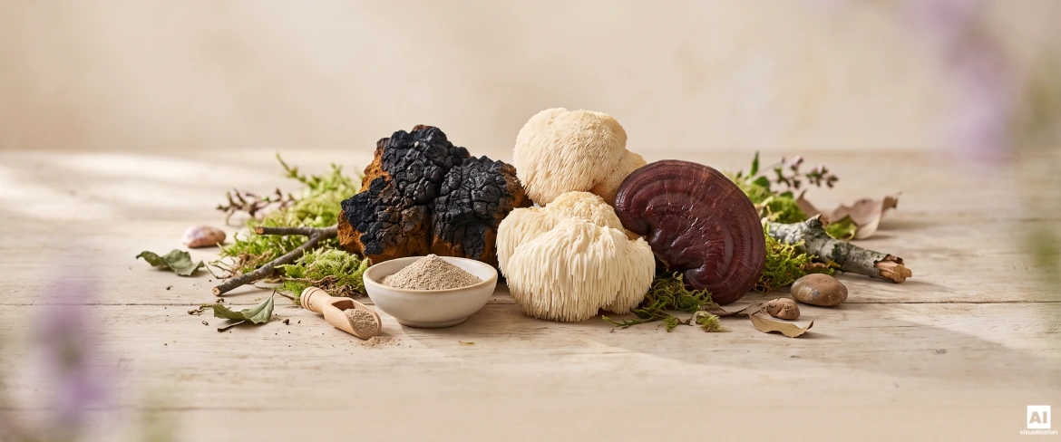 Chaga, leeuwenmanenpaddenstoel en reishi als voorbeelden van functionele paddenstoelen.