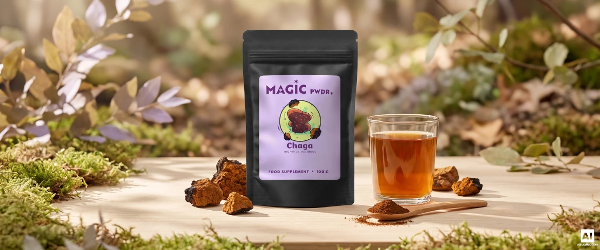 Magic Pwdr Chaga-doypack, extractpoeder, gedroogde stukjes paddenstoel en een aftreksel.