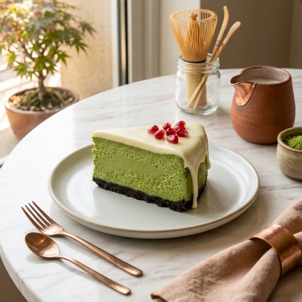 Romige matcha-cheesecake met witte chocolade en granaatappelpitjes op een licht bord