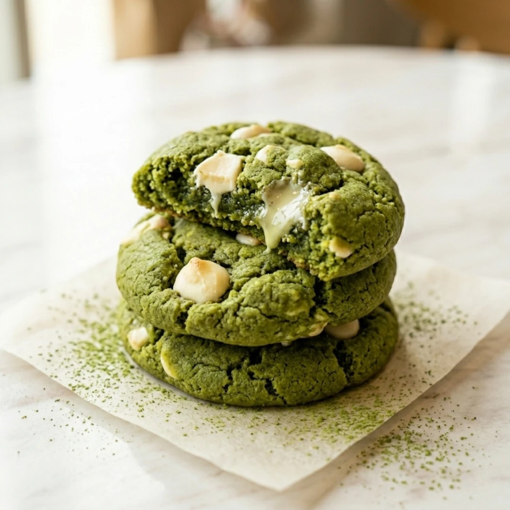 Krokante matcha-koekjes met een zachte binnenkant en witte chocolade
