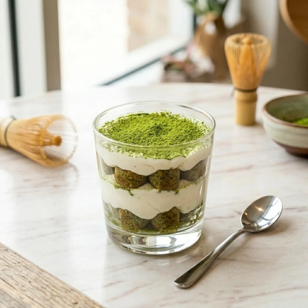 Een gelaagde matcha-tiramisu in een glazen kopje