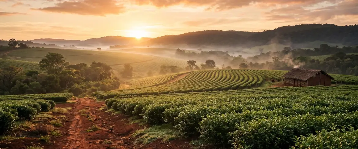 Een mistige hulstplantage bij zonsopgang, de bron van de traditionele Paraguayaanse yerba mate.