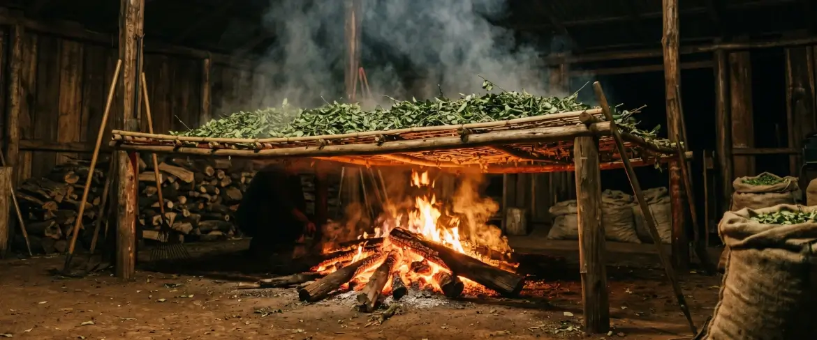 De traditionele methode waarbij de bladeren boven een barbacuá-vuur worden gedroogd, waardoor de Paraguayaanse yerba mate zijn rokerige smaak krijgt.