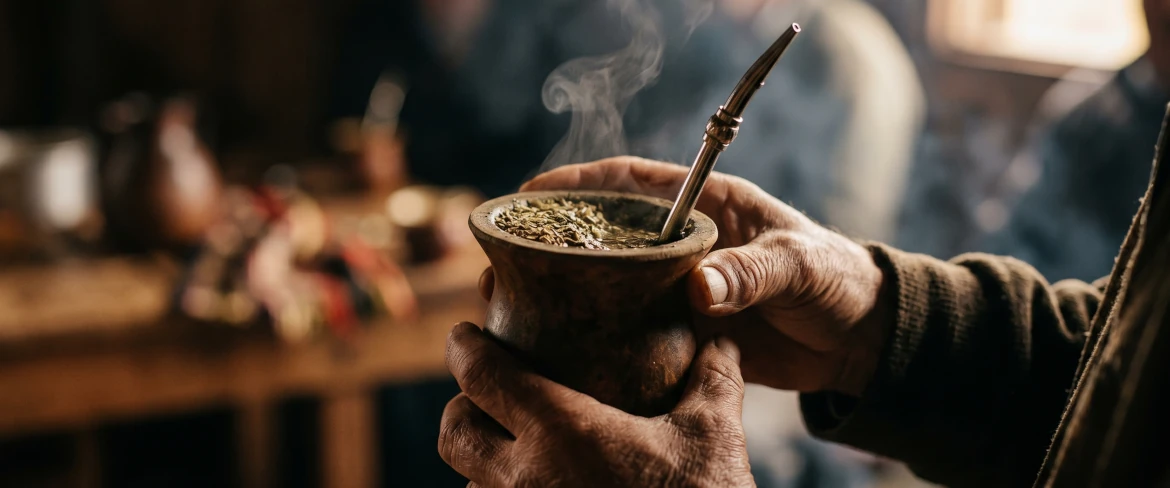 Handen die een mate-kalebas met een hete aftreksel vasthouden – de smaak, de warmte en de stimulerende werking van de sterkste yerba mate.