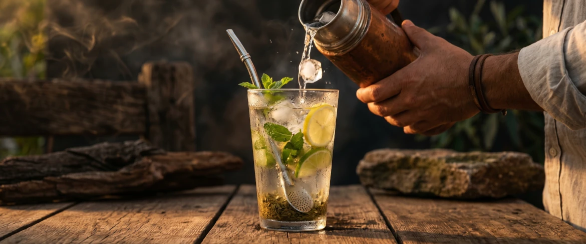 Verfrissende tereré met ijs en munt, bereid met klassieke Paraguayaanse yerba mate.