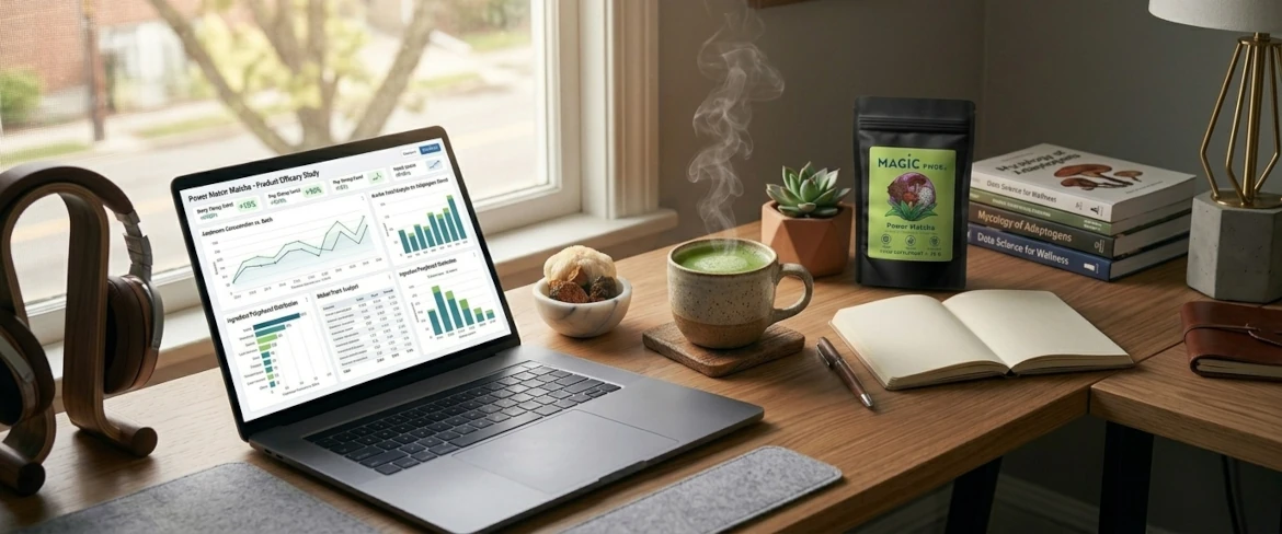 Moderne werkplek met laptop en een concentratiebevorderend drankje op basis van extract van functionele paddenstoelen