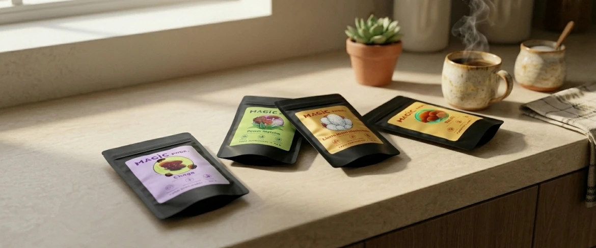 Paddestoelensupplementen op een aanrecht, met het volledige assortiment van Magic Pwdr, waaronder reishi, chaga en leeuwenmanen