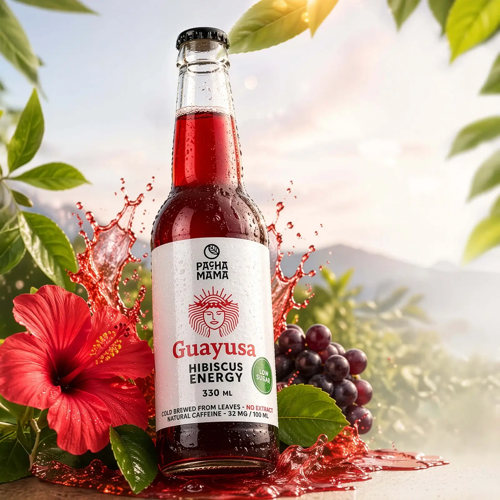 Guayusa Pachamama Cold Brew Hibiscus-energiedrank in een flesje