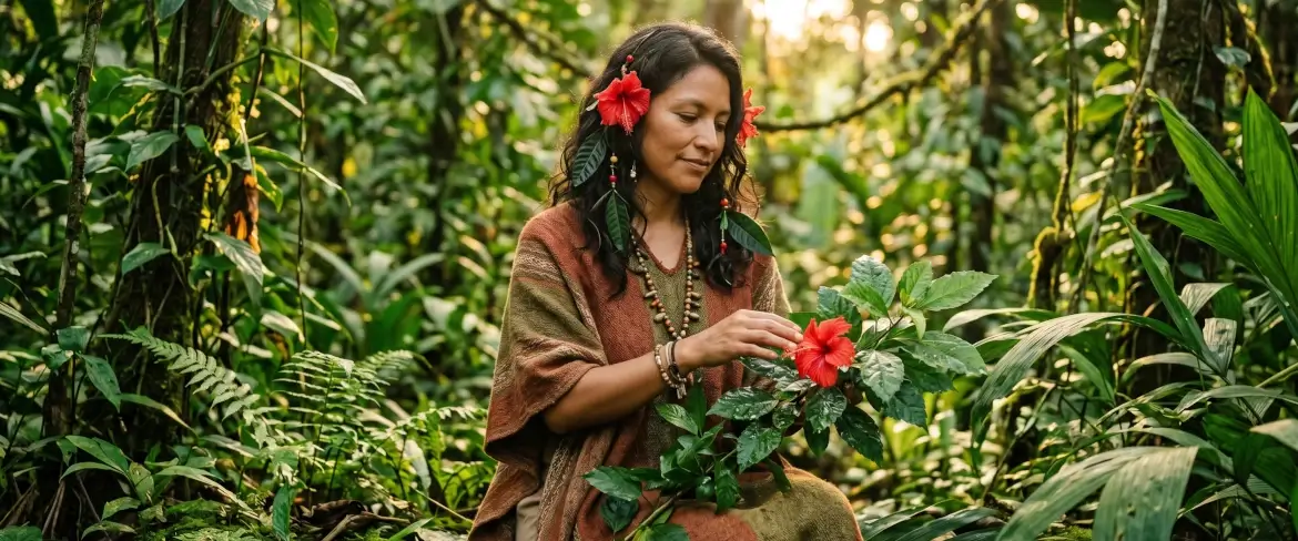 Een vrouw die een Andesgodin belichaamt, omringd door de natuur van het Amazonegebied en hibiscusbloemen – een symbool van de duurzame filosofie van Pachamama Guayusa.