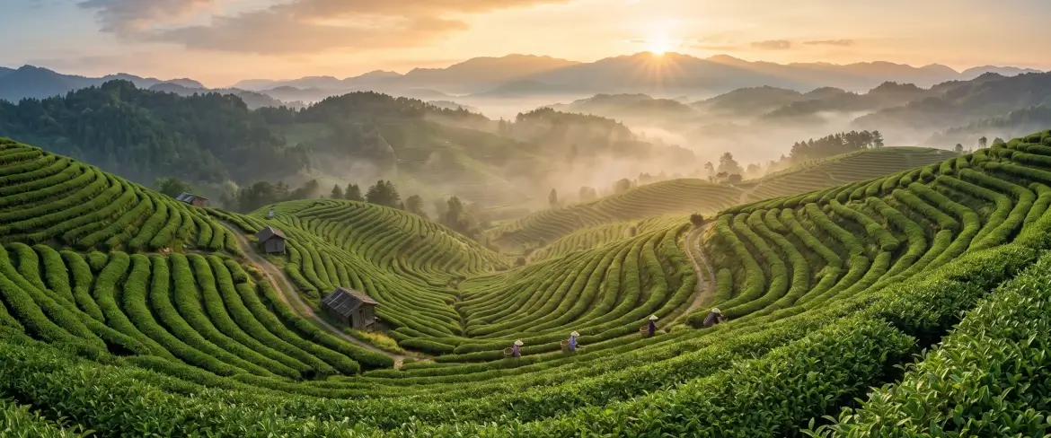 Een schilderachtige theeplantage bij zonsopgang.