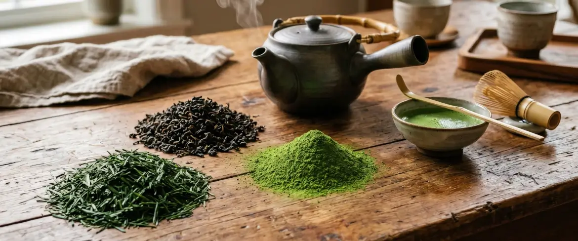 Losse theeblaadjes op een houten tafel: Chinese groene thee, Japanse matcha in poedervorm en gerolde Indiase zwarte thee.