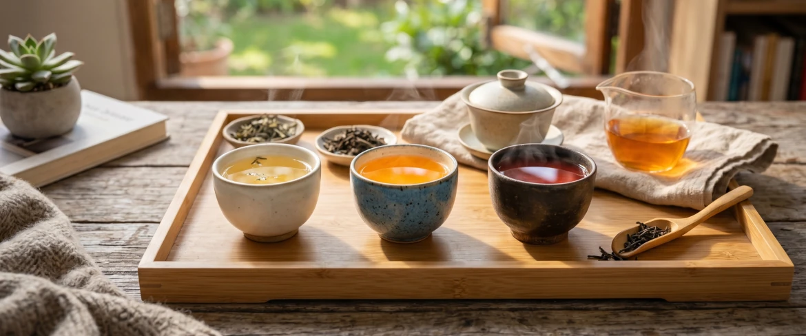 Drie kopjes hete thee op een bamboe dienblad, die verschillende theesoorten vertegenwoordigen: delicate Chinese thee, frisse Japanse thee en krachtige Indiase thee.