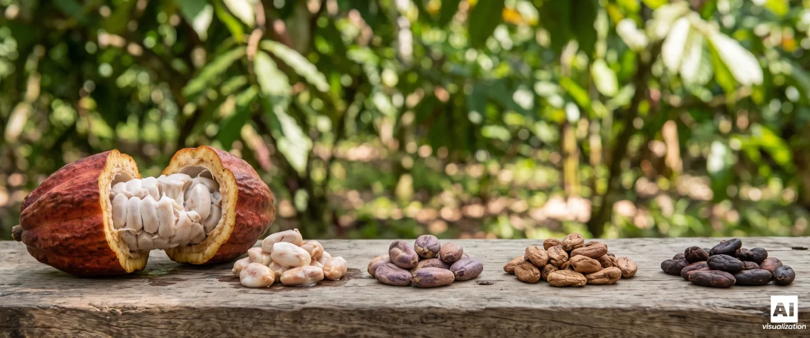 Cacaovruchten en cacaobonen tegen de achtergrond van een tropische plantage.