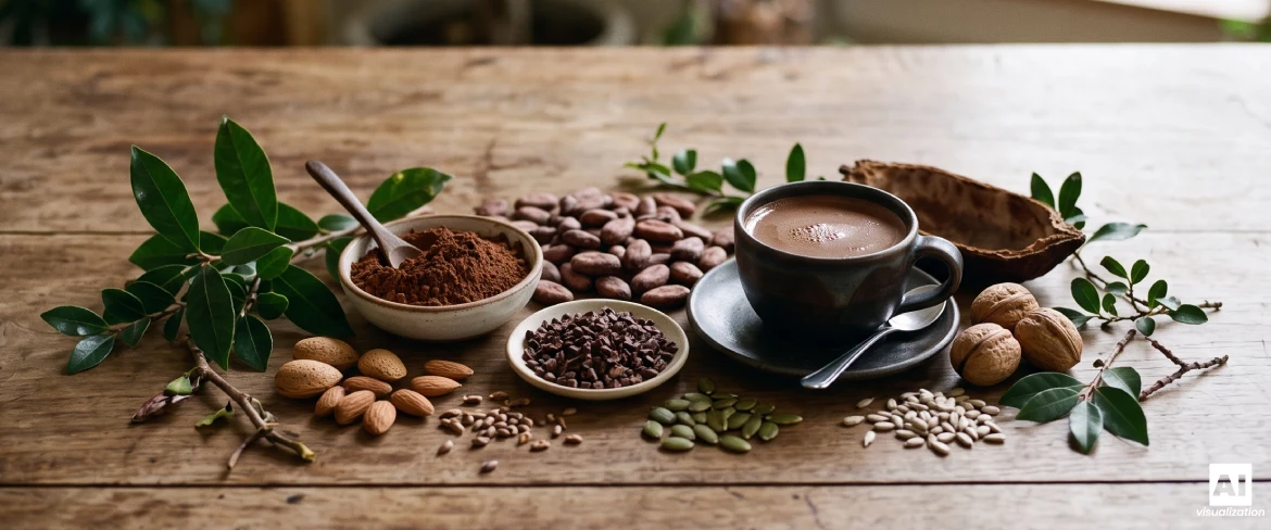 Een kopje cacao met cacaopoeder, cacaobonen en plantaardige ingrediënten.