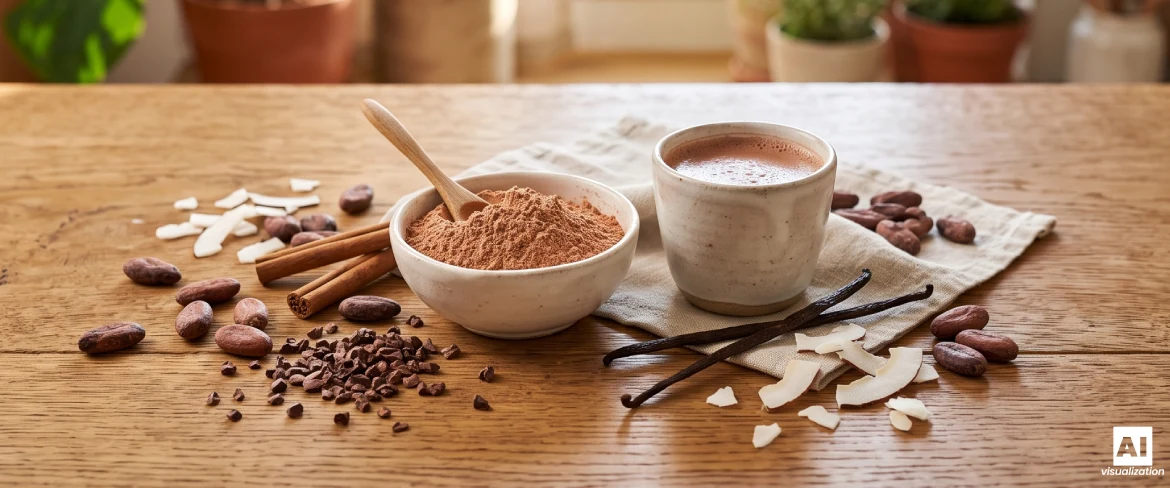 Natuurlijk cacaopoeder met cacaobonen en een kopje drank.