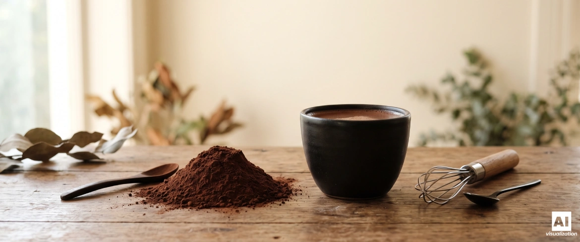 Alkalisch cacaopoeder en een donkere cacaodrank, opgeklopt met een garde.