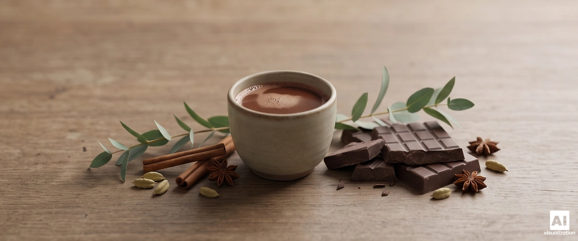 Chocoladedrank gemaakt van ceremoniële cacao, kruiden en stukjes chocolade.