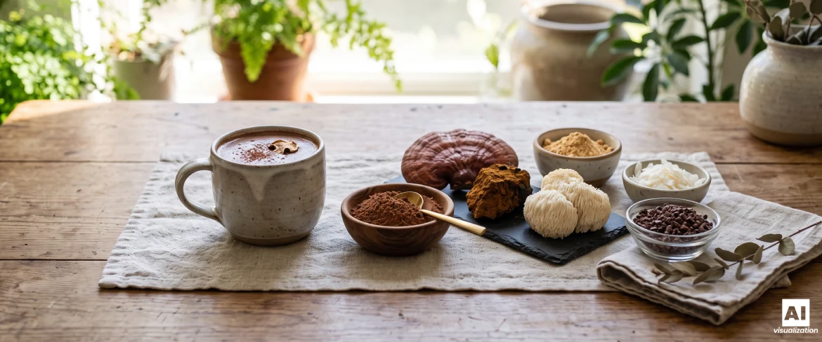 Een mok chocolademelk, cacaopoeder, reishi-, chaga- en leeuwenmanenpaddenstoelen en cacaobonen op een houten tafel.
