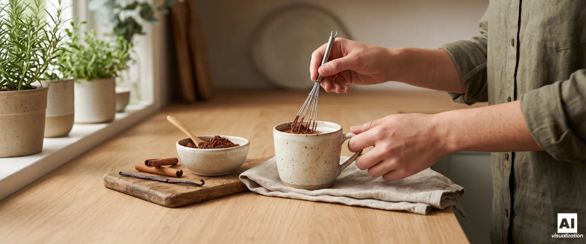 Natuurlijke cacao bereiden in een mok met een garde.