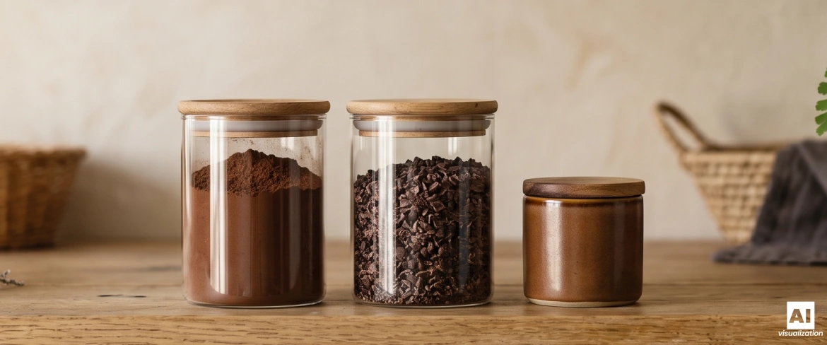 Cacaopoeder, gemalen cacaobonen en cacaopasta in luchtdichte verpakkingen.