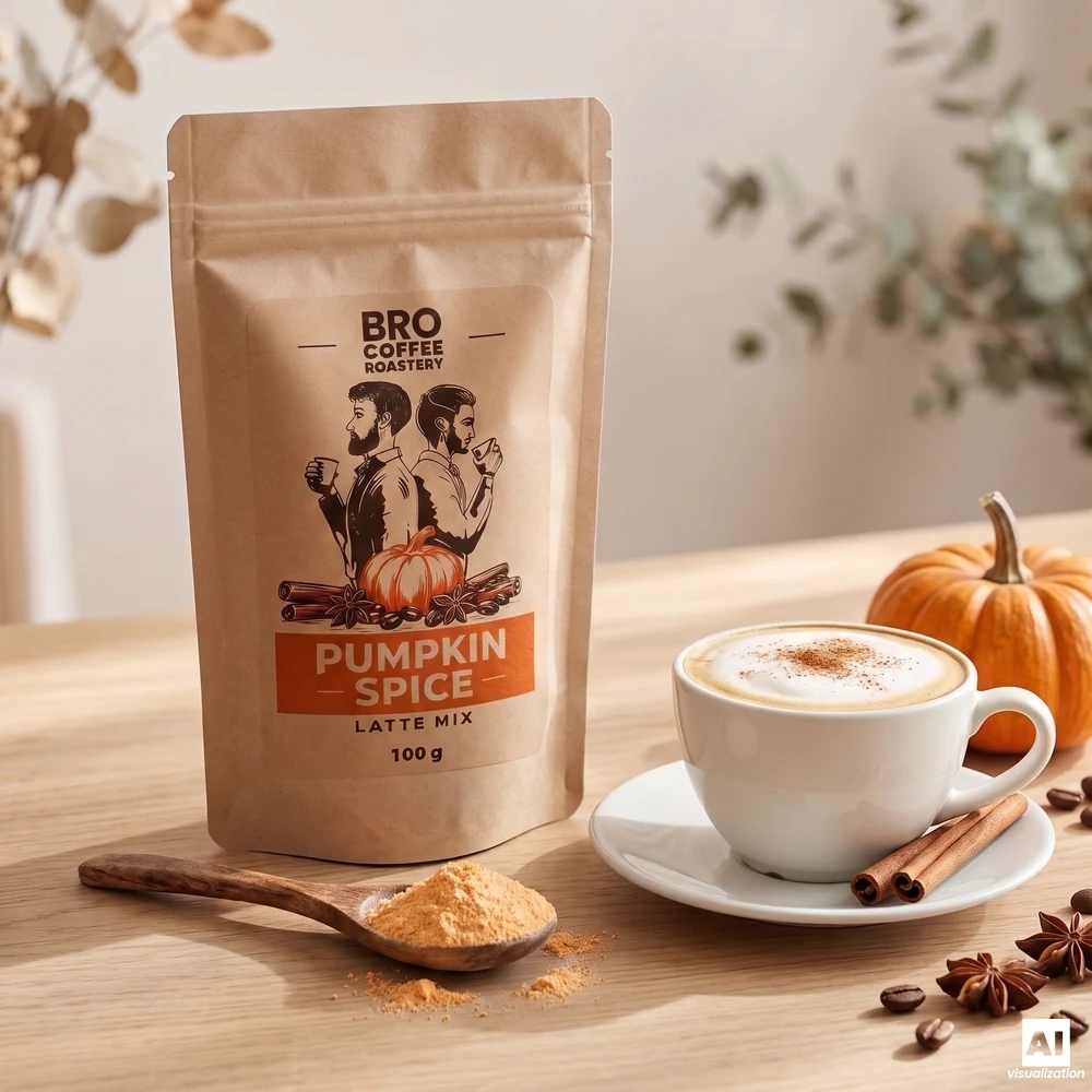 Bro Coffee Roastery Pumpkin Spice Latte Mix: een houten lepel met pompoenpoeder en een kopje latte bestrooid met kaneel.