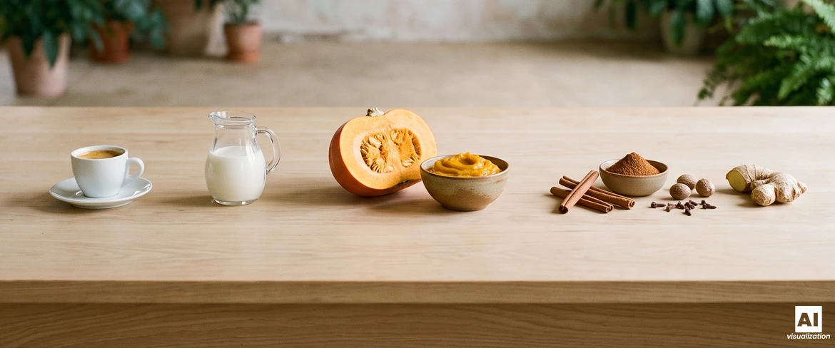 Ingrediënten voor pompoenkoffie op een houten tafel: espresso, melk, pompoen, pompoenpuree, kaneel, nootmuskaat, kruidnagel en gember.