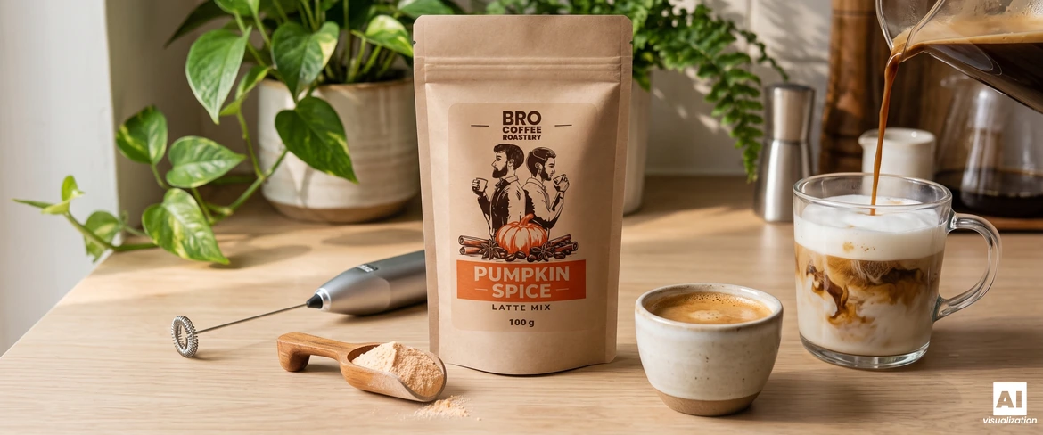Bro Coffee Roastery Pumpkin Spice Latte-mix, een melkopschuimer en espresso die in een glas met melkschuim wordt geschonken.