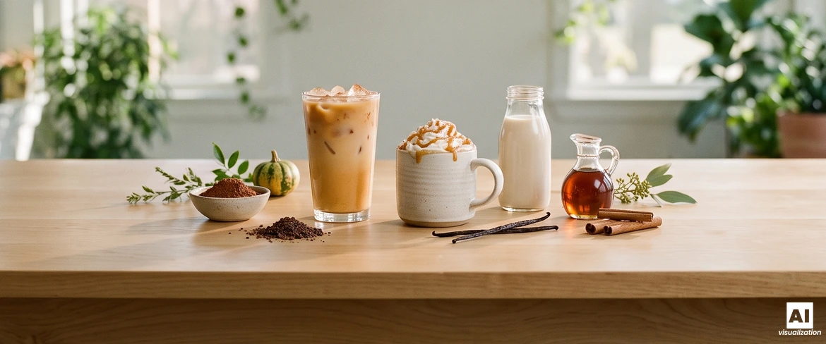 IJskoude pompoenkoffie met ijs en een warme pompoenlatte met karamel, naast een plantaardige drank, ahornsiroop, cacao en vanille.