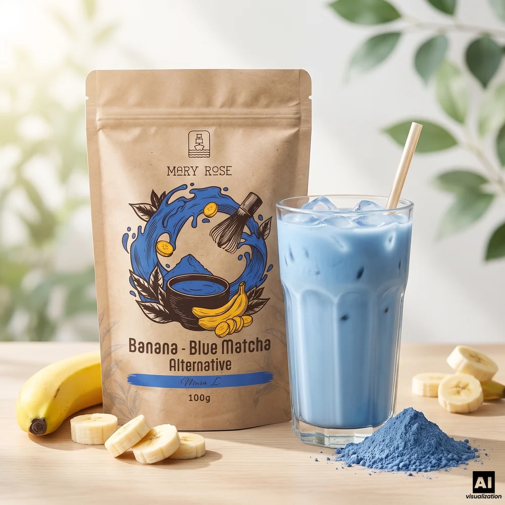 Mary Rose Blue Matcha Alternative – blauwe matcha met banaan en spirulina, naast een blauwe ijskoffie en een banaan.