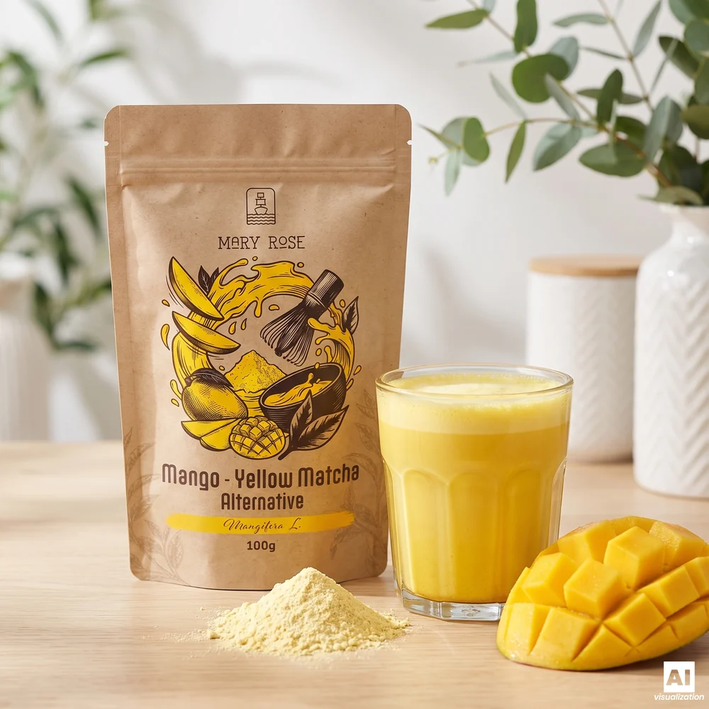 Mary Rose Yellow Matcha Alternative (mango-matcha): een verpakking, een geel drankje, poeder en in blokjes gesneden mango.