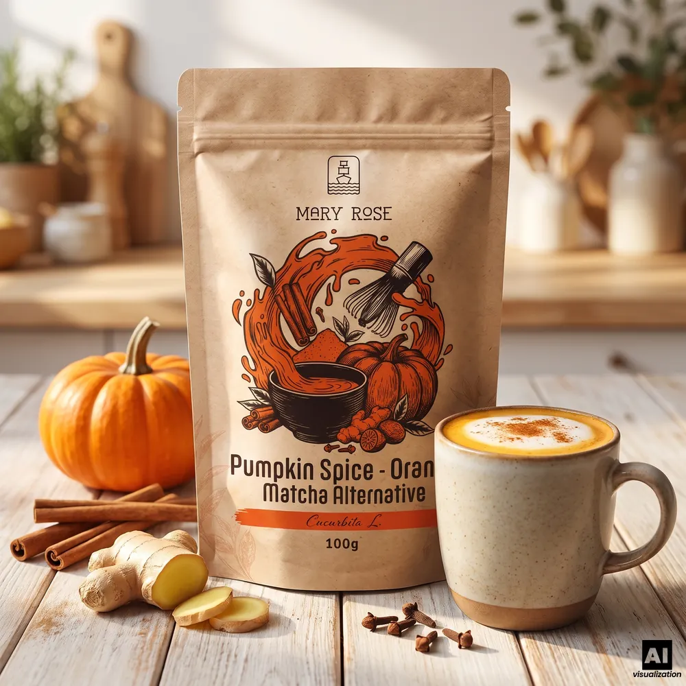 Mary Rose Orange Matcha Pumpkin Spice, naast een latte met kaneel, een pompoen, kaneelstokjes, gember en kruidnagel.