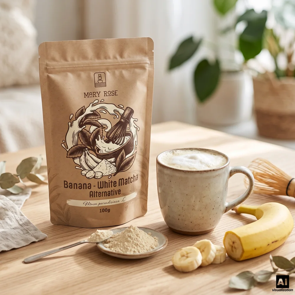 Mary Rose witte matcha: gevriesdroogd bananenpoeder, naast een mok romige bananenlatte, een chasen-klopper en een banaan.