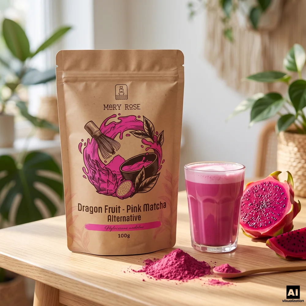 Mary Rose roze matcha van gevriesdroogde drakenvrucht, naast een roze latte, poeder en een gehalveerde rode pitaya.