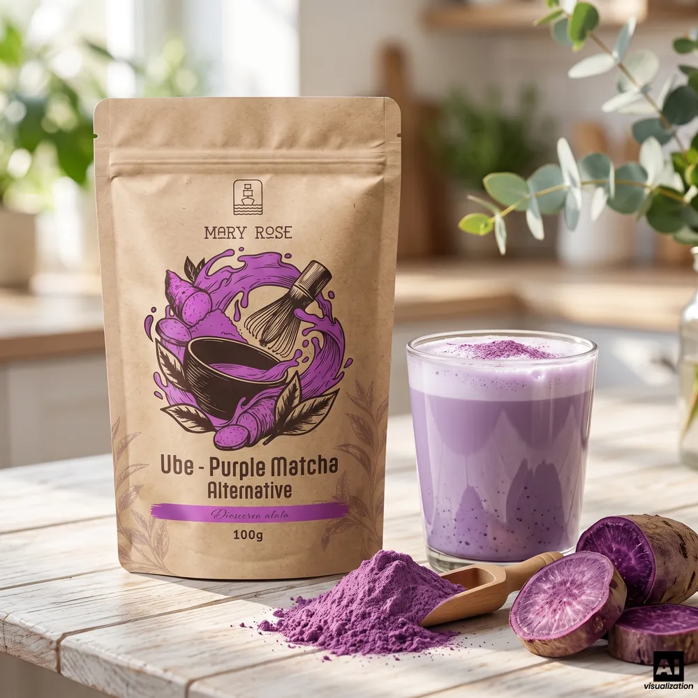 Mary Rose paarse matcha: ube-poeder, naast een paarse ube-latte, poeder op een houten schepje en plakjes paarse knol.