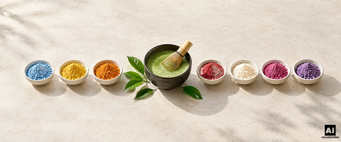 Klassieke groene matcha in een kom met een chasen-klopper, en daarnaast kleurrijke matcha in zeven kleine kommetjes met poeder.